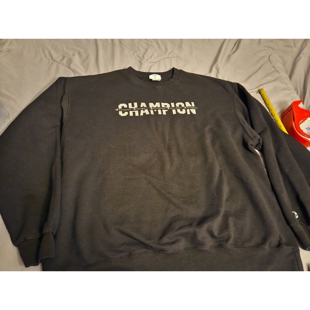 Champion Authentic Sweatshirts Men's 2XL Black Crew Neck Pullover Fleece Graphic